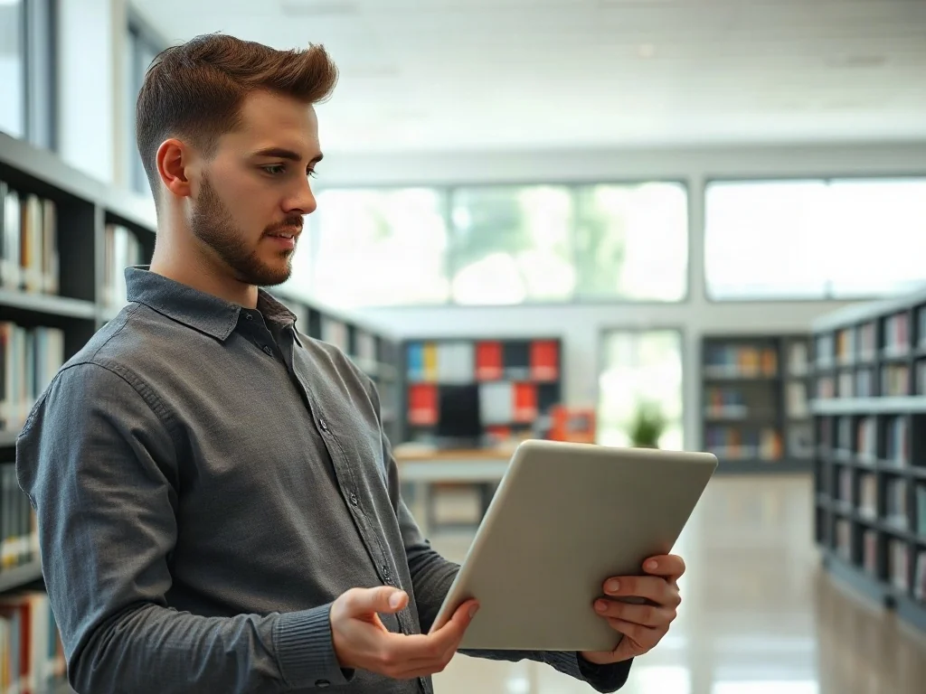 Inżynier w koszuli przeglądający plany architektoniczne na tablecie w nowoczesnej bibliotece uczelnianej.