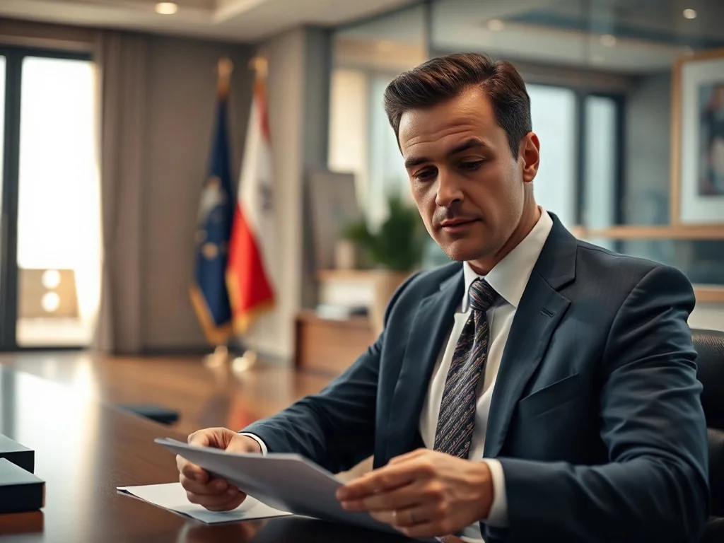 Konsul w formalnym stroju przegląda dokumenty w eleganckim biurze z flagą w tle.