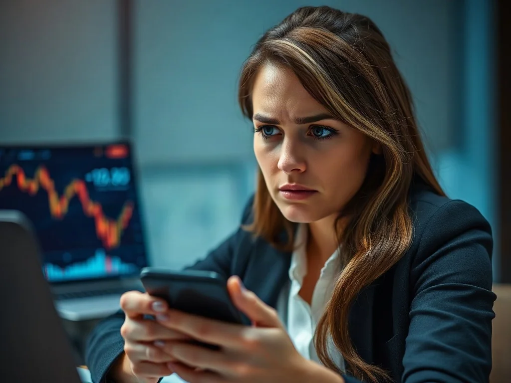 Zaniepokojona kobieta z telefonem na tle wykresów finansowych, symbolizująca problemy z odzyskaniem pieniędzy.