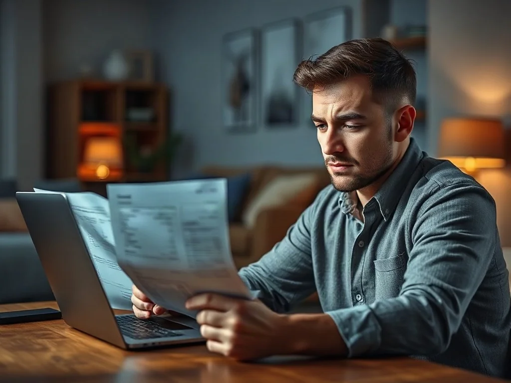 Zestresowany mężczyzna analizujący skomplikowane rachunki za media przy laptopie, szukający pomocy w sporze z dostawcą.