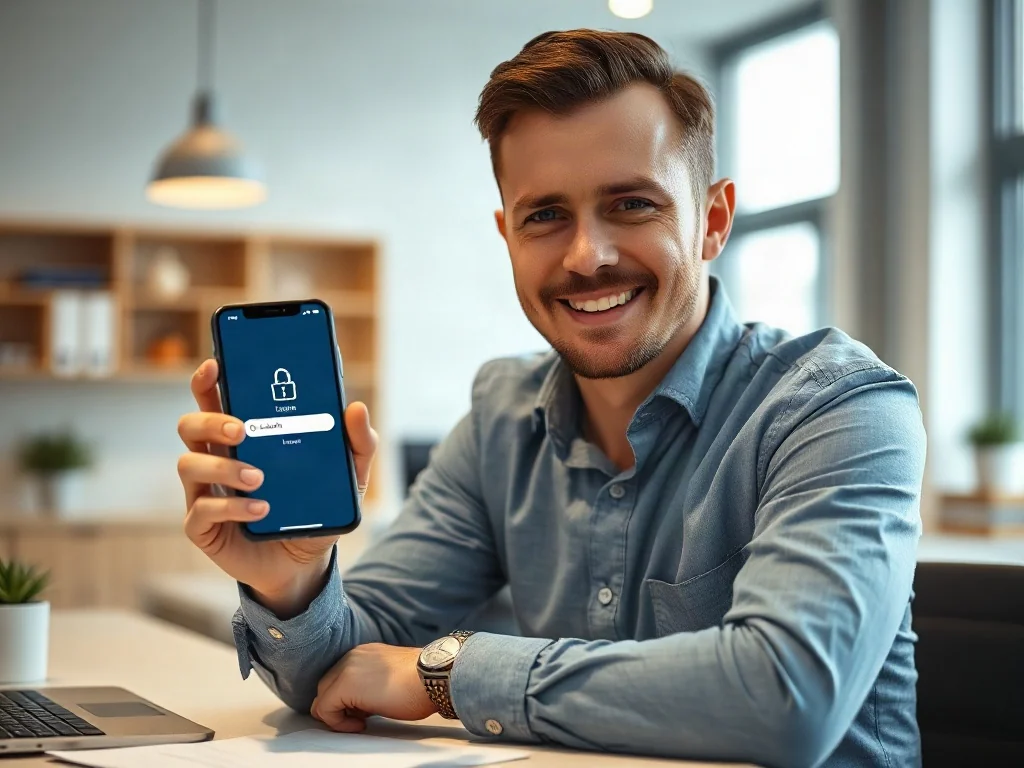 Mężczyzna w biurze logujący się do konta PPK za pomocą smartfona.