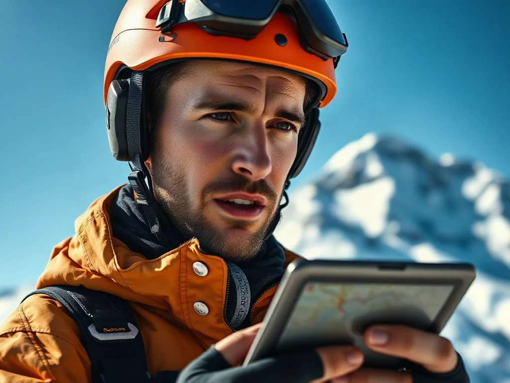 Alpinista w zimowym stroju analizuje mapę górską na tablecie na tle ośnieżonego szczytu.