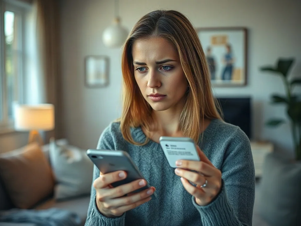 Zaniepokojona kobieta patrząca na smartfon z podejrzanym powiadomieniem, co ilustruje zagrożenie oszustwem podczas zakupów online.