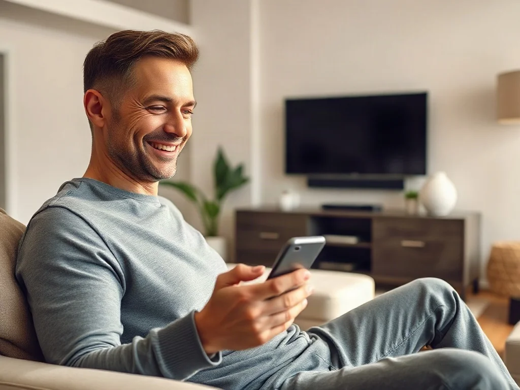 Mężczyzna zadowolony z korzystania ze smartfona w salonie z telewizorem, co ilustruje łatwy dostęp do serwisu HBO Max.