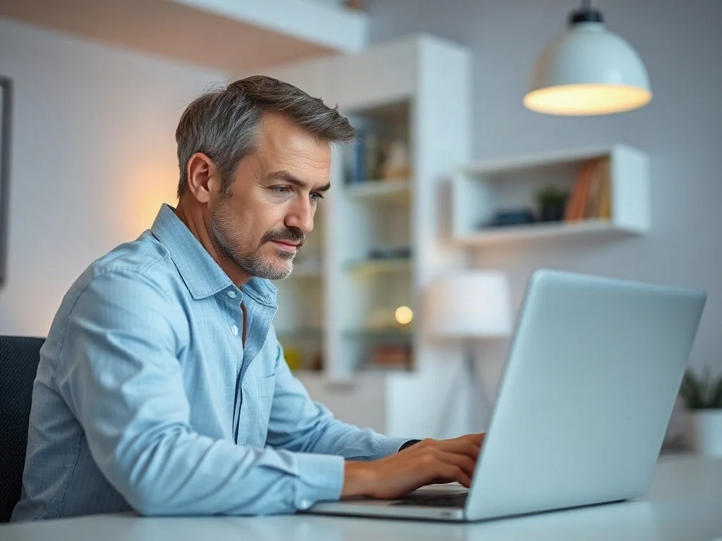 Mężczyzna korzystający z laptopa przy biurku, zarządzający usługami w domowym biurze.