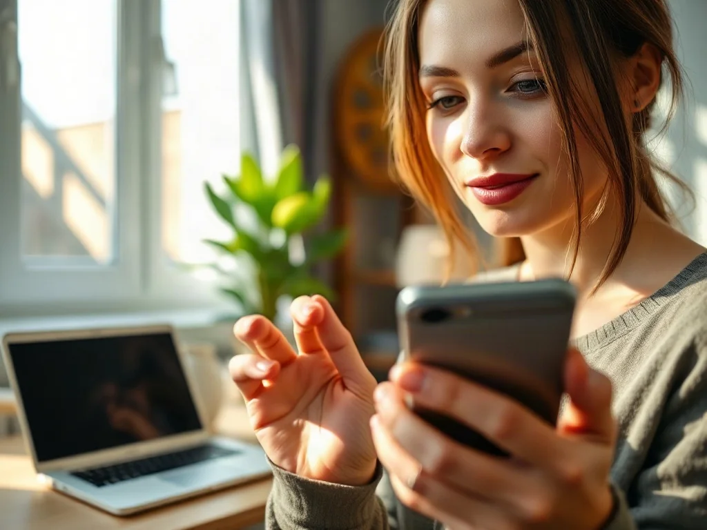 Kobieta korzystająca ze smartfona w jasnym biurze, zarządzająca usługami energetycznymi online.
