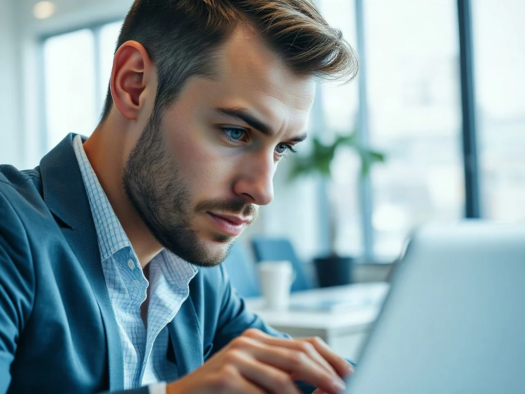Mężczyzna skupiony na pracy przy nowoczesnym laptopie w jasnym, minimalistycznym biurze.