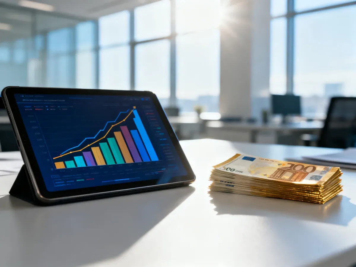 Tablet z wykresami wzrostu finansowego oraz stos banknotów euro na biurku w nowoczesnym biurze.