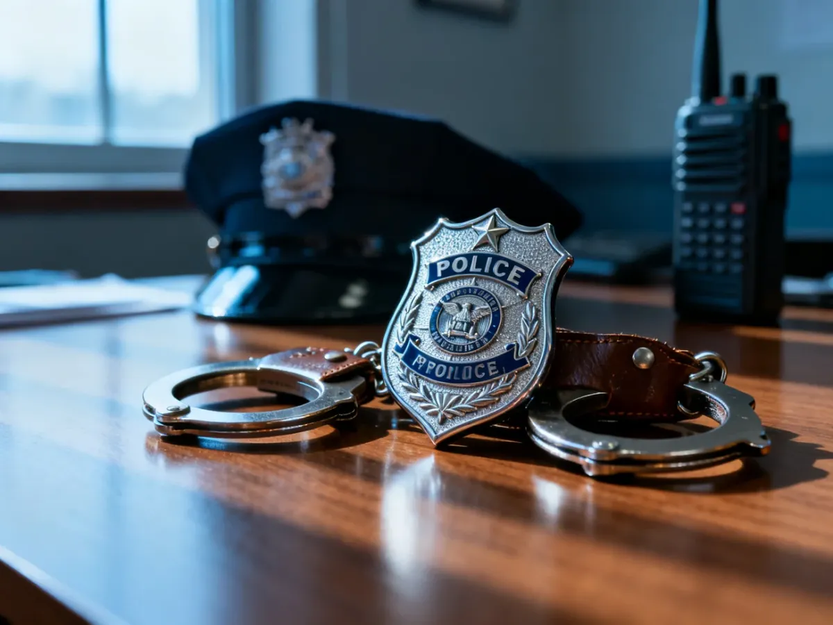 Odznaka policyjna i kajdanki na drewnianym biurku, symbolizujące pracę w policji.