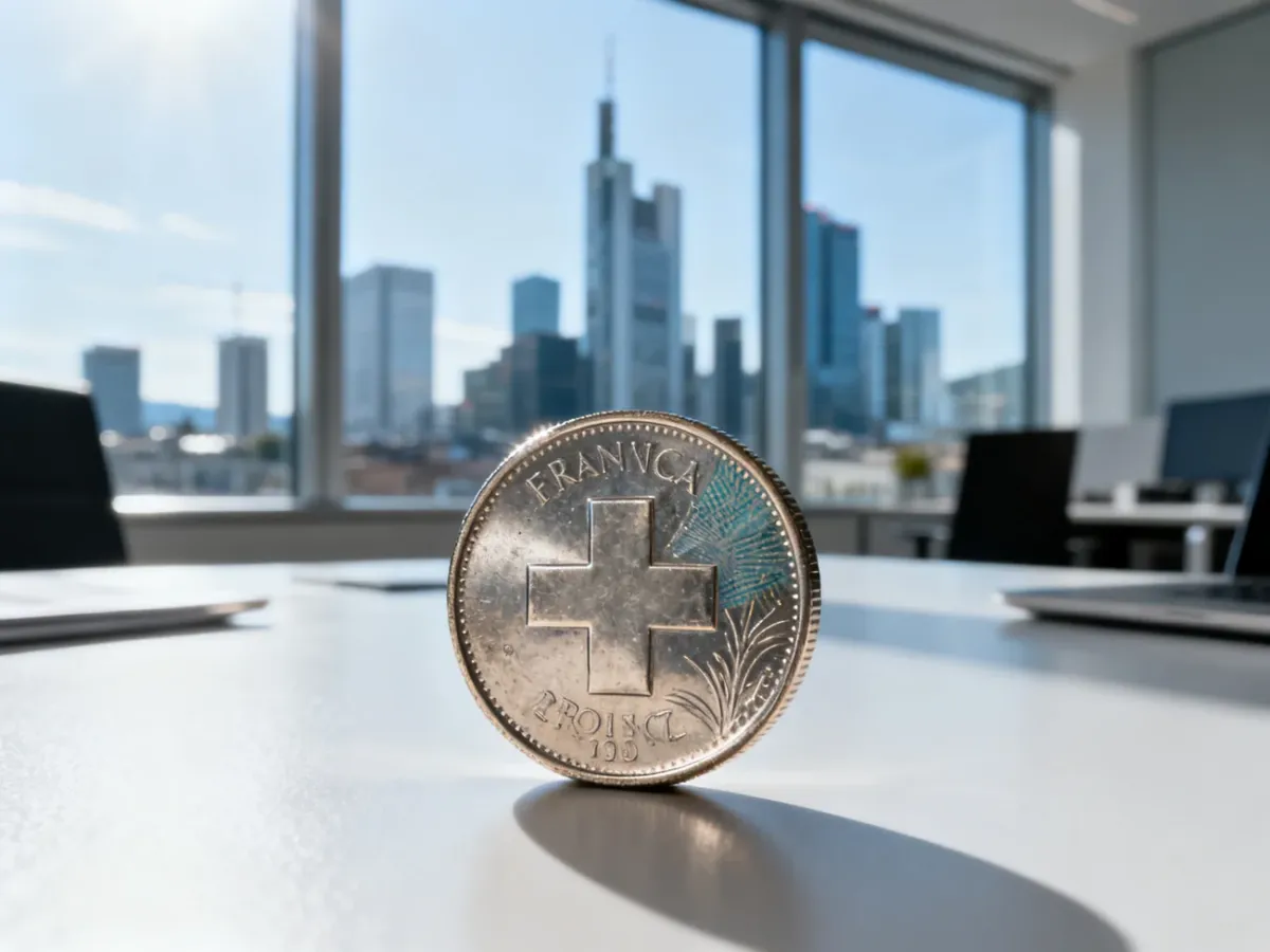 Moneta franka szwajcarskiego na biurku z widokiem na nowoczesną dzielnicę finansową w tle.