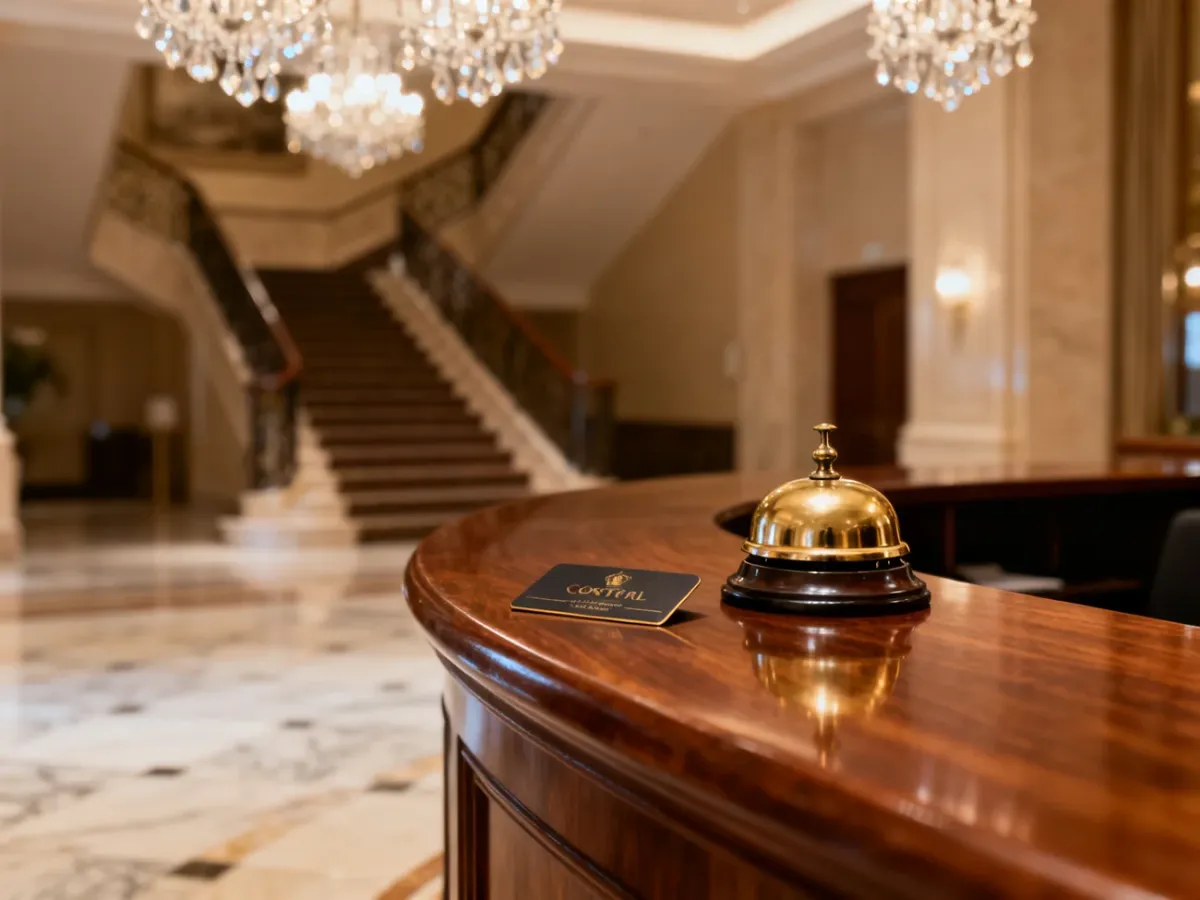 Elegancka recepcja hotelowa z dzwonkiem i kartą dostępu, podkreślająca profesjonalny charakter pracy concierge'a.
