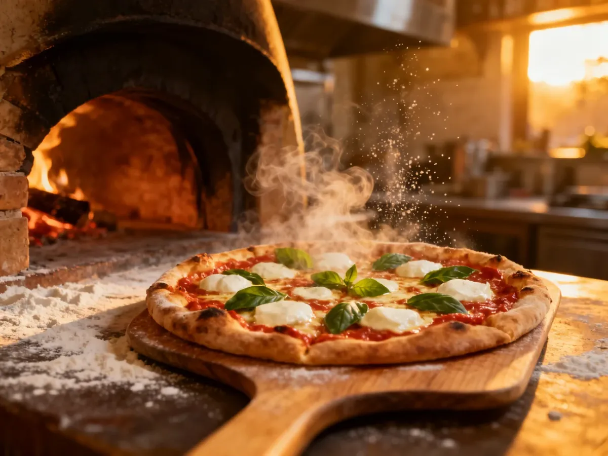 Świeżo upieczona pizza margherita na drewnianej łopacie wewnątrz tradycyjnego pieca opalanego drewnem.