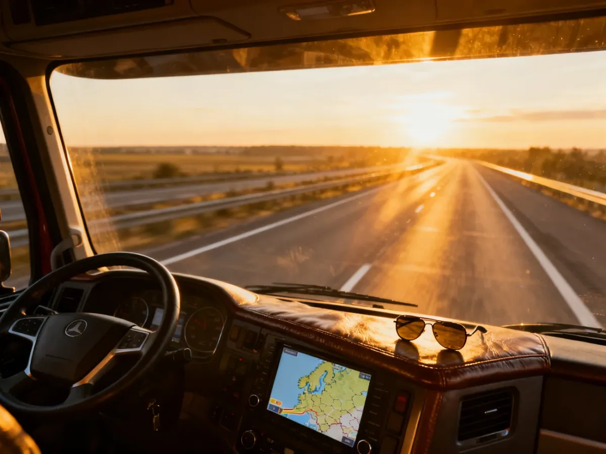 Wnętrze kabiny ciężarówki podczas zachodu słońca z widokiem na autostradę, symbolizujące pracę w transporcie międzynarodowym.