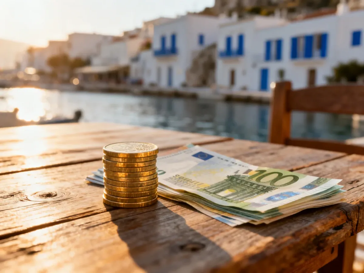 Stos monet euro i banknotów na drewnianym stole na tle słonecznego greckiego portu, symbolizujący zarobki w Grecji.