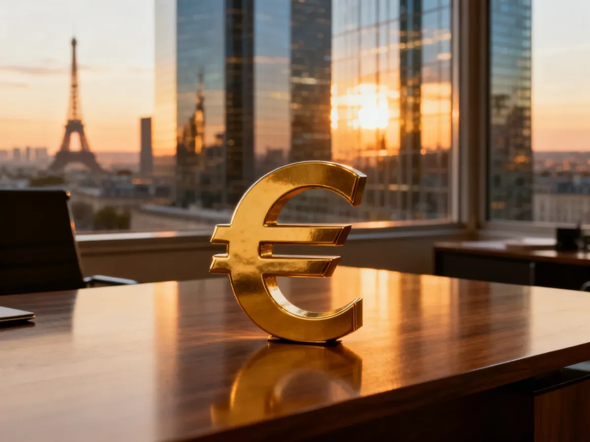 Złoty symbol euro na biurku na tle panoramy Paryża, symbolizujący rozwój zawodowy i zarobki we Francji.