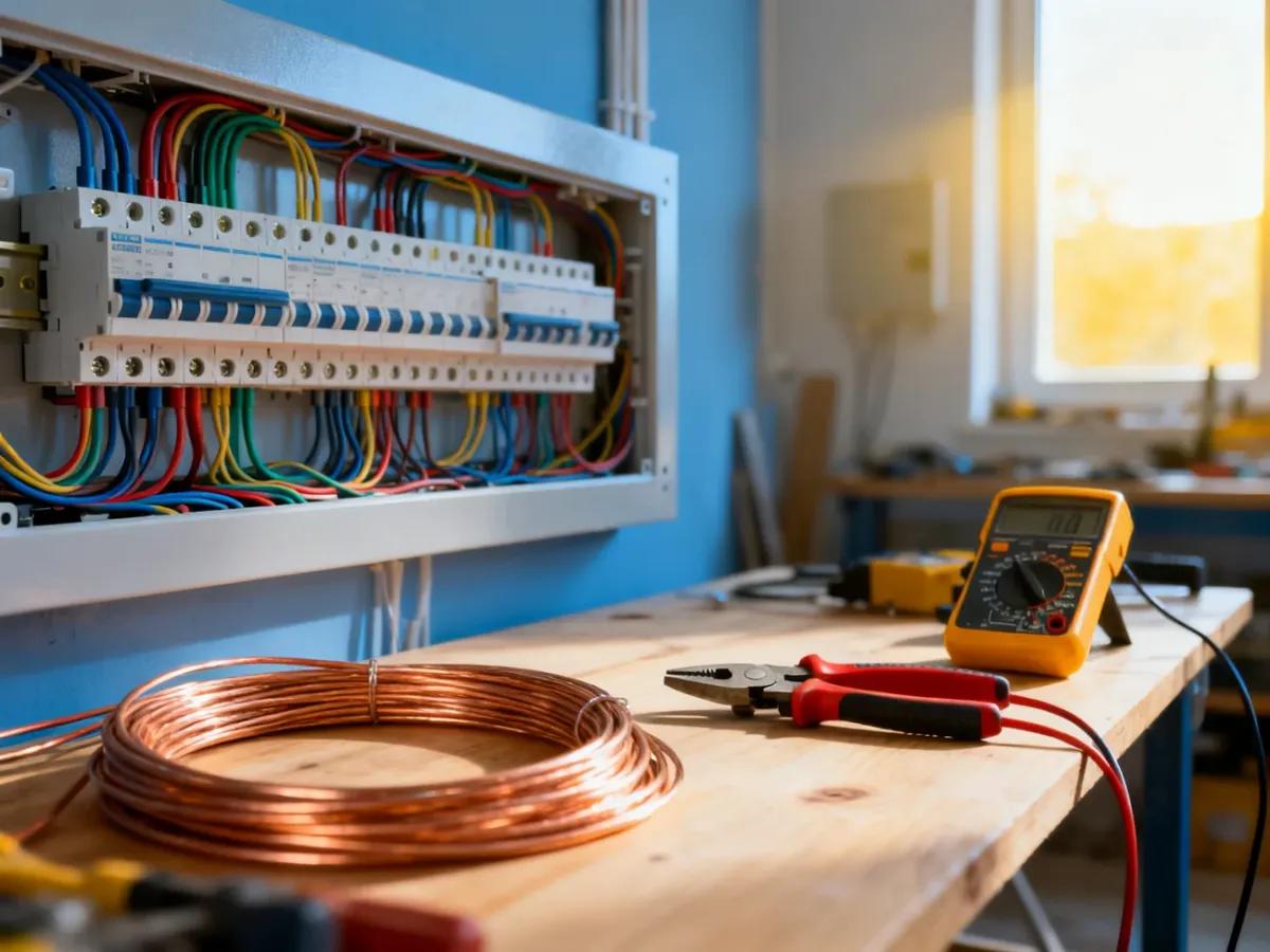Profesjonalna rozdzielnica elektryczna z narzędziami na warsztatowym stole, ilustrująca pracę elektryka w Holandii.