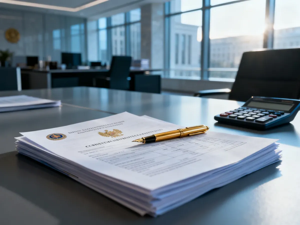 Biurko w urzędzie z dokumentami finansowymi, kalkulatorem i piórem, symbolizujące pracę kontrolera NIK.