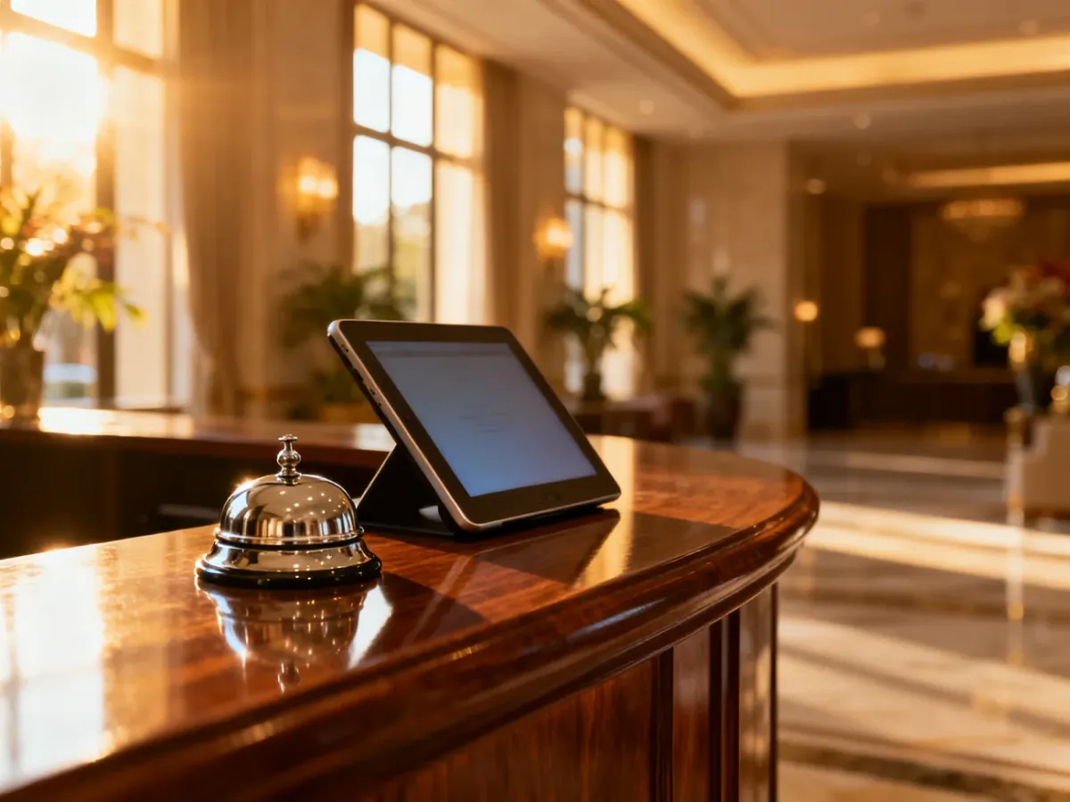 Elegancka recepcja luksusowego hotelu z drewnianą ladą, podkreślająca profesjonalny charakter pracy w branży hotelarskiej.