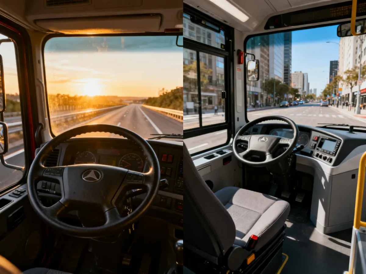 Porównanie wnętrza kabiny tira o zachodzie słońca oraz nowoczesnego autobusu miejskiego w świetle dnia.
