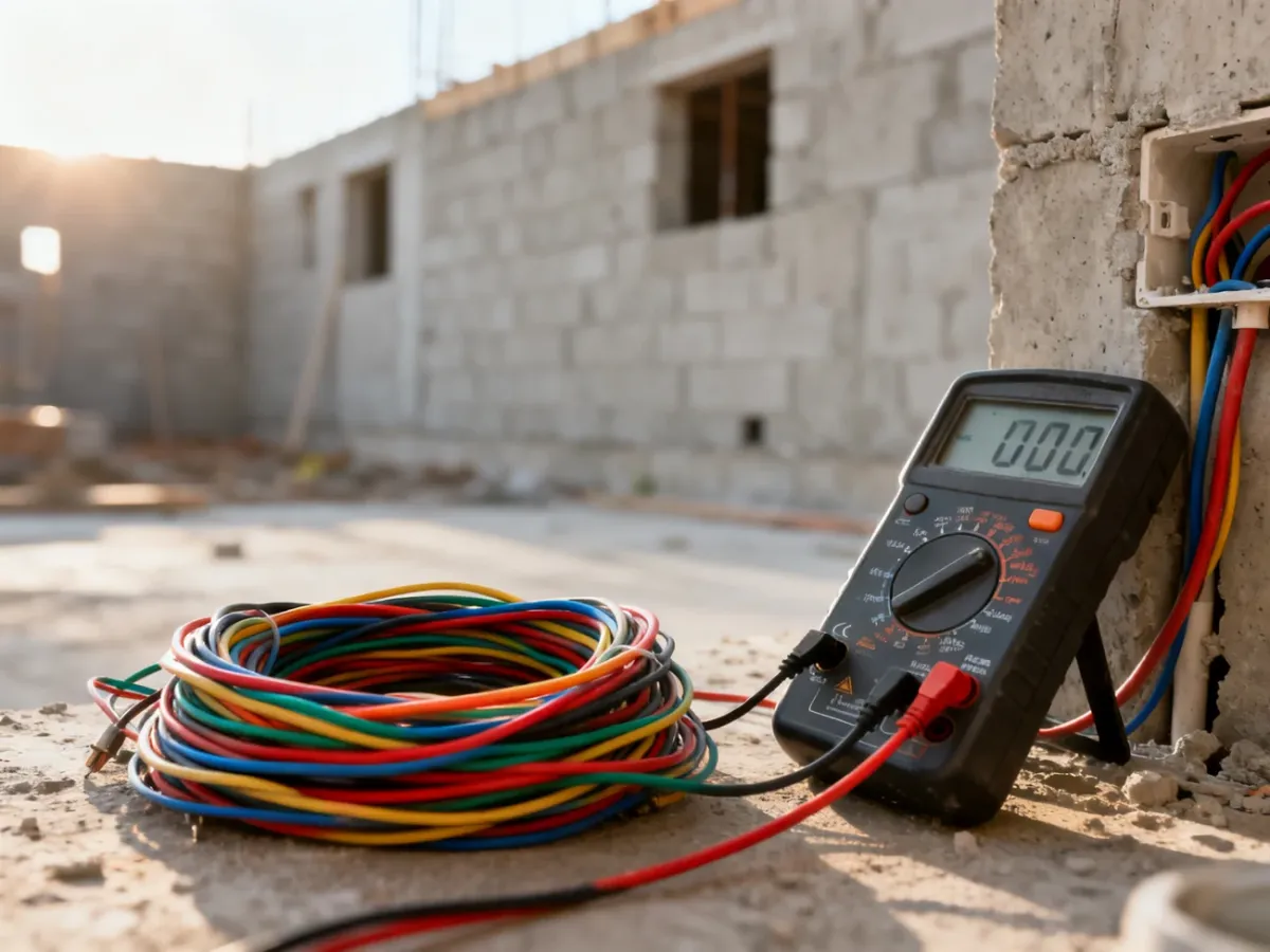 Profesjonalna instalacja elektryczna z multimetrem na placu budowy. Kolorowe przewody na tle surowej ściany.