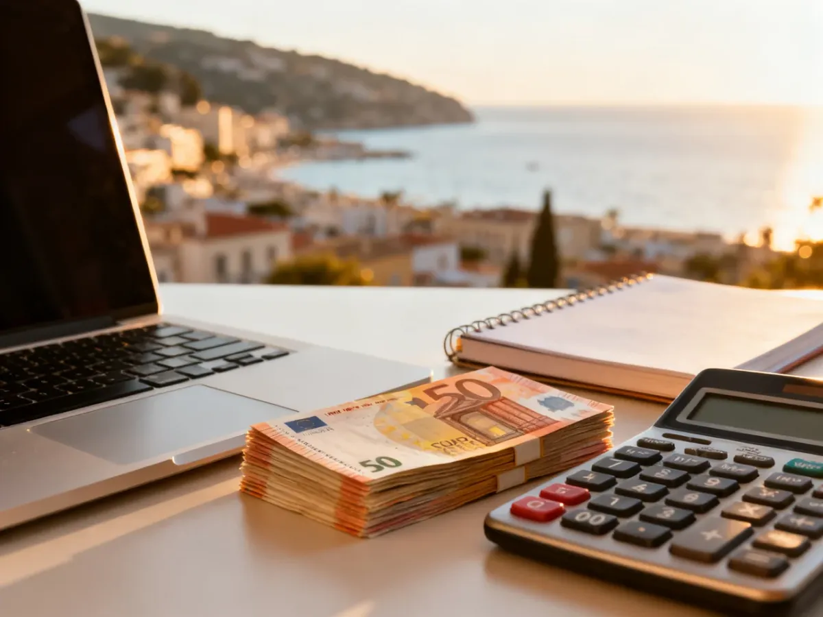 Laptop, notatnik i stos banknotów euro na biurku z widokiem na maltańskie miasto w tle.
