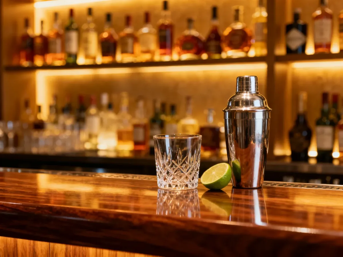Elegancki bar w hotelu z kieliszkiem i shakerem na ladzie, podkreślający profesjonalny charakter pracy barmana.