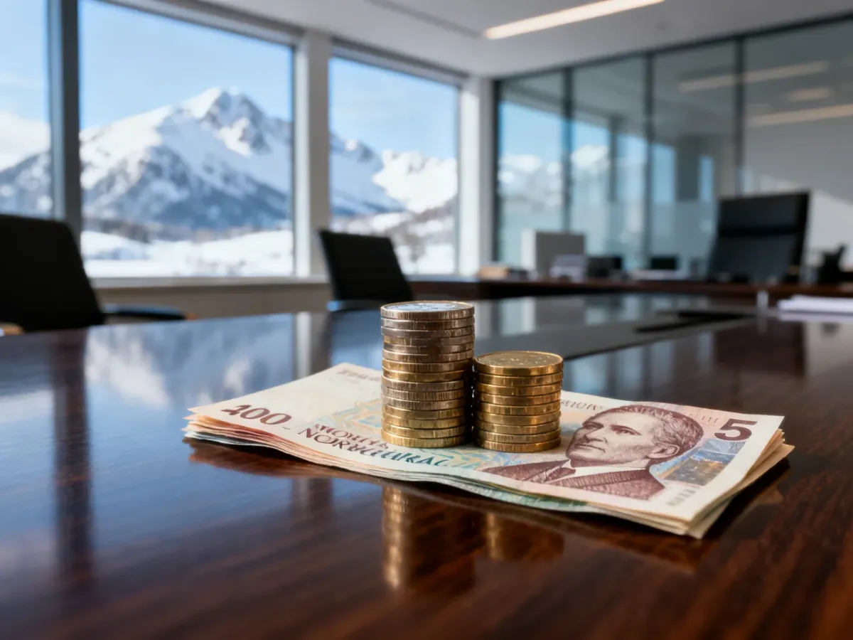 Stos norweskich monet i banknotów na biurku w nowoczesnym biurze z widokiem na zaśnieżone góry.