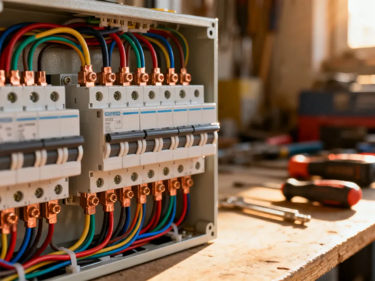 Profesjonalnie wykonana rozdzielnica elektryczna z uporządkowanym okablowaniem i nowoczesnymi wyłącznikami w warsztacie.