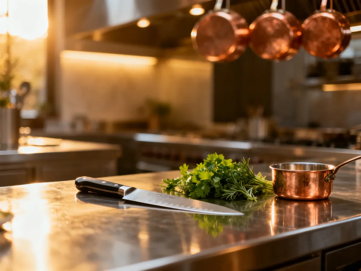 Stanowisko pracy szefa kuchni z profesjonalnymi narzędziami i świeżymi składnikami w eleganckiej restauracji.