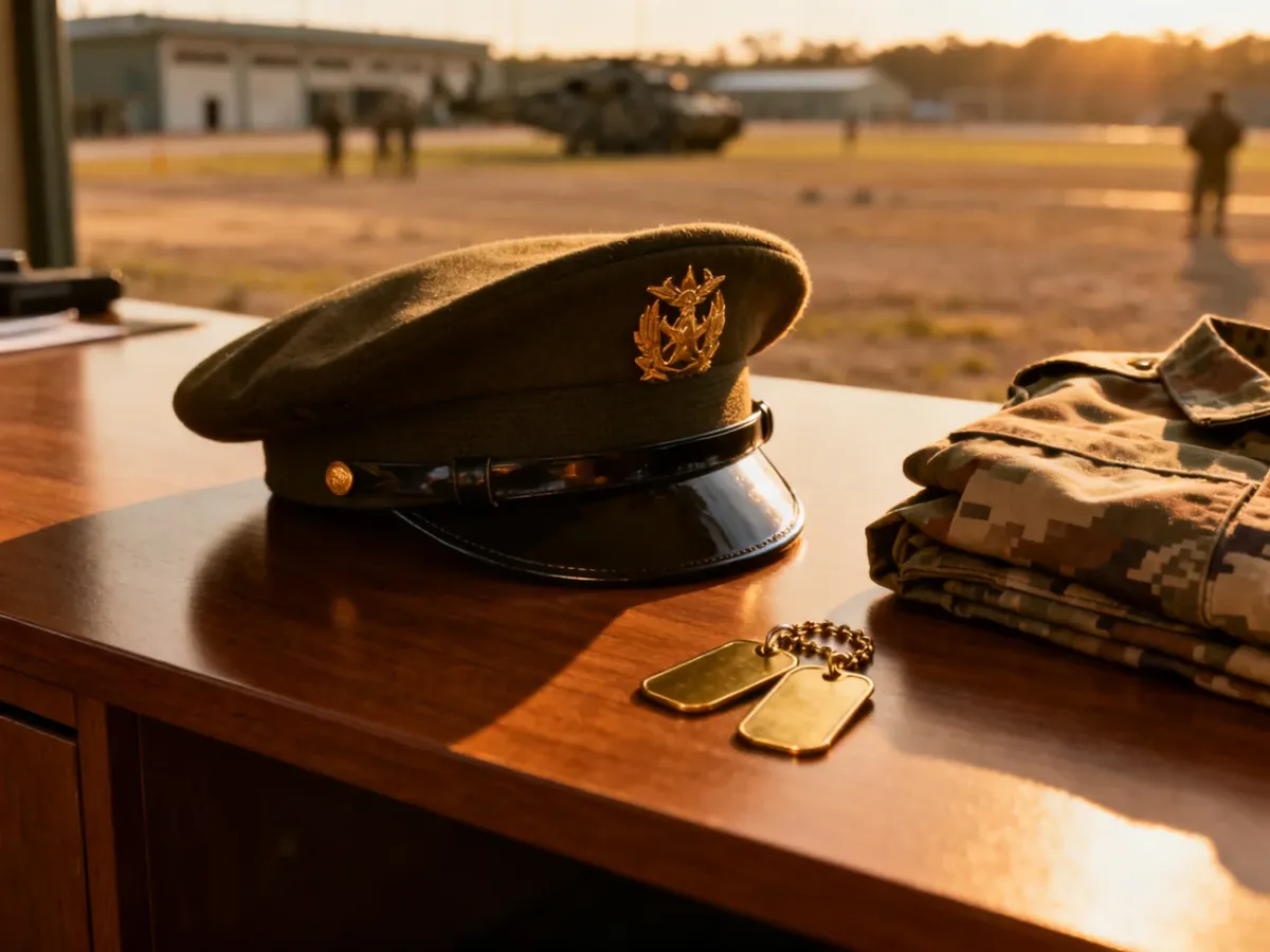 Wojskowy beret, nieśmiertelniki i mundur na biurku, w tle rozmyty poligon w świetle zachodzącego słońca.