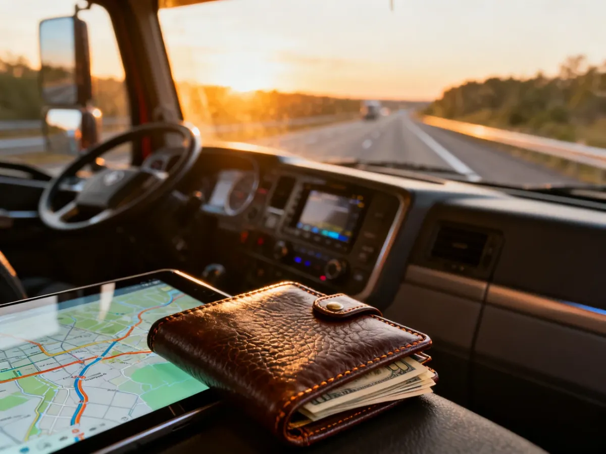 Portfel i tablet z mapą na desce rozdzielczej ciężarówki, symbolizujące rozliczenia diet kierowcy w trasie zagranicznej.