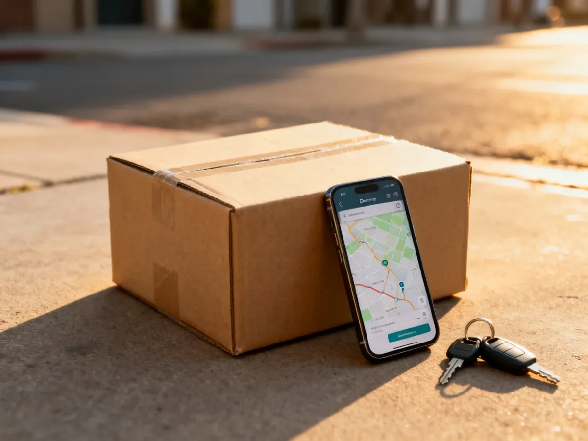 Kartonowa paczka, smartfon z mapą i kluczyki do auta na tle miejskiej ulicy, symbolizujące pracę kuriera.