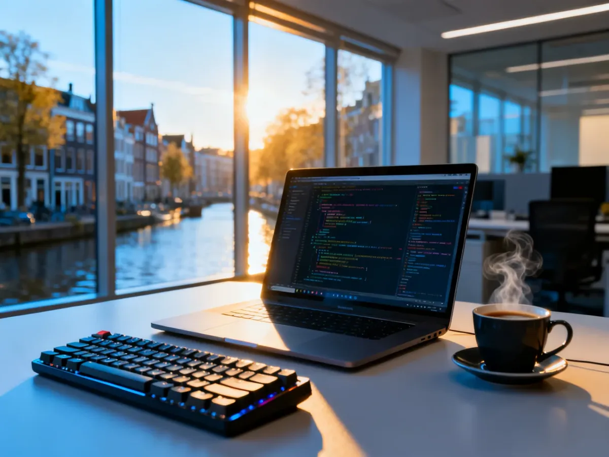Nowoczesne stanowisko pracy programisty z widokiem na kanał w holenderskim mieście.