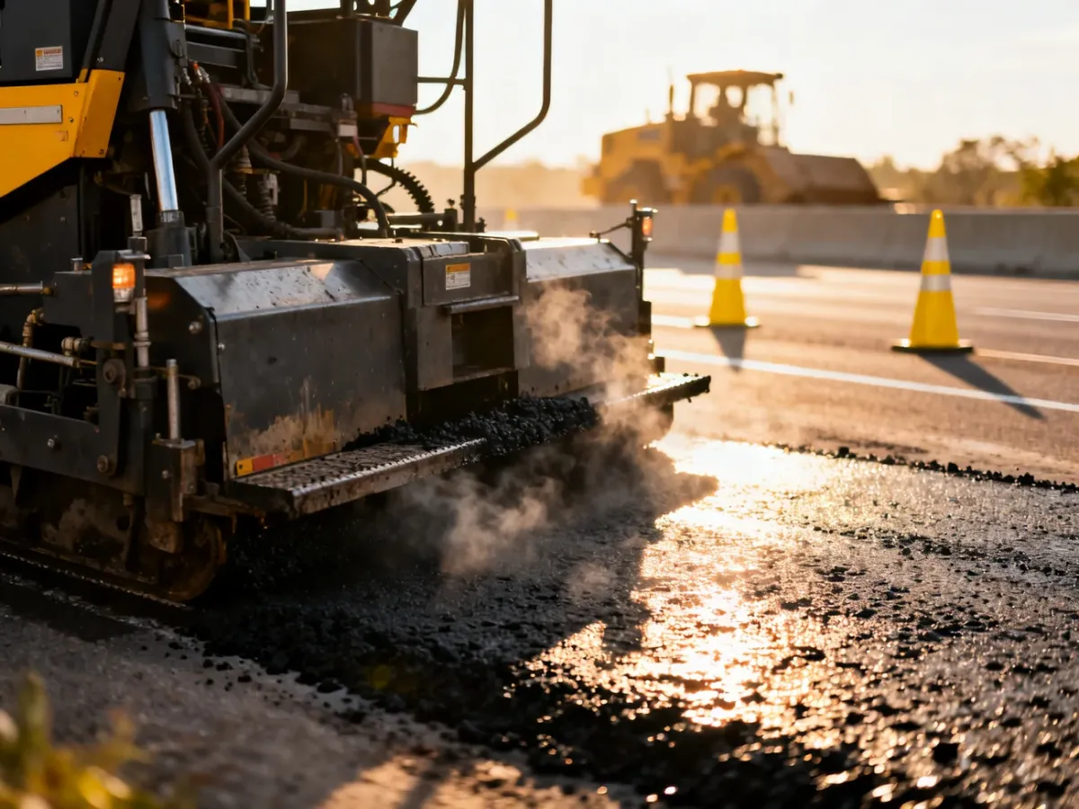 Rozściełacz asfaltu pracujący na budowie autostrady w pełnym słońcu, układający świeżą, parującą warstwę nawierzchni.