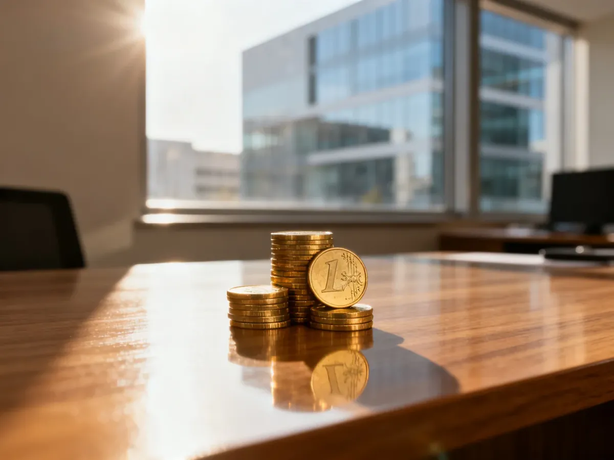 Stos monet euro na drewnianym biurku na tle nowoczesnego biurowca, symbolizujący rozwój finansowy i zarobki na Cyprze.