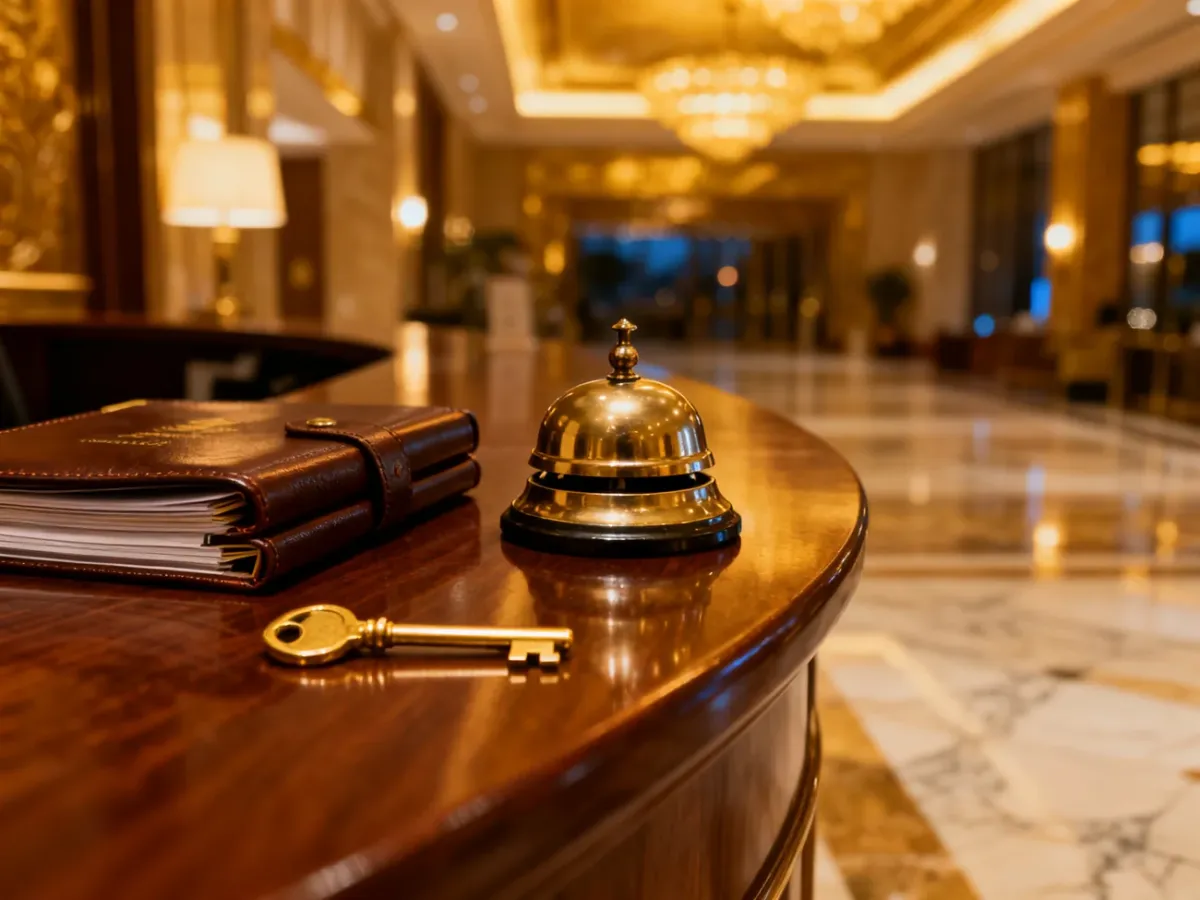 Elegancka lada recepcyjna w luksusowym hotelu z mosiężnym dzwonkiem i złotym kluczem, podkreślająca prestiż zawodu portiera.