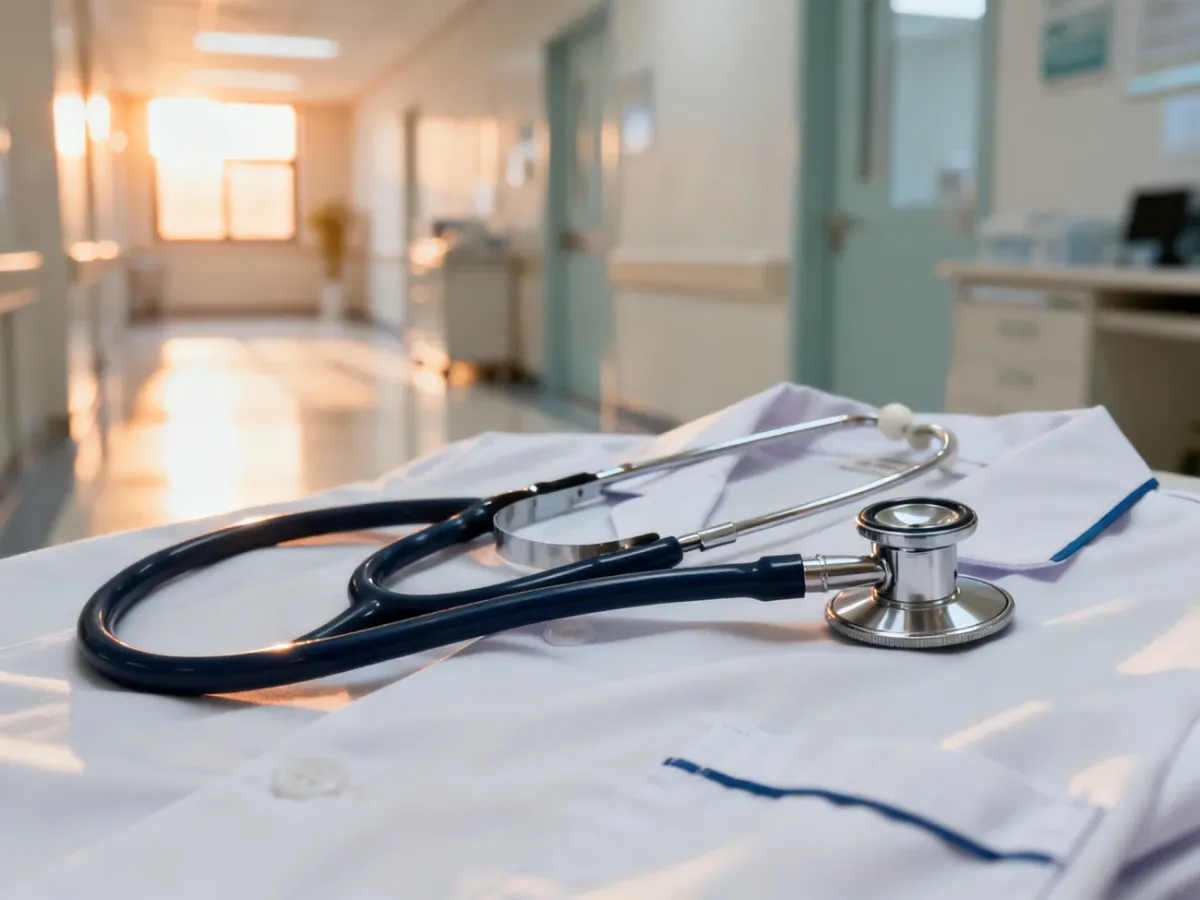 Stetoskop leżący na białym mundurze pielęgniarskim w nowoczesnym, jasnym wnętrzu szpitala.