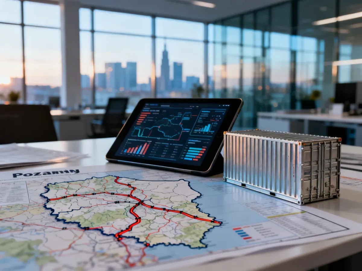 Biurko spedytora z mapą tras transportowych, tabletem z wykresami logistycznymi i modelem kontenera w nowoczesnym biurze.