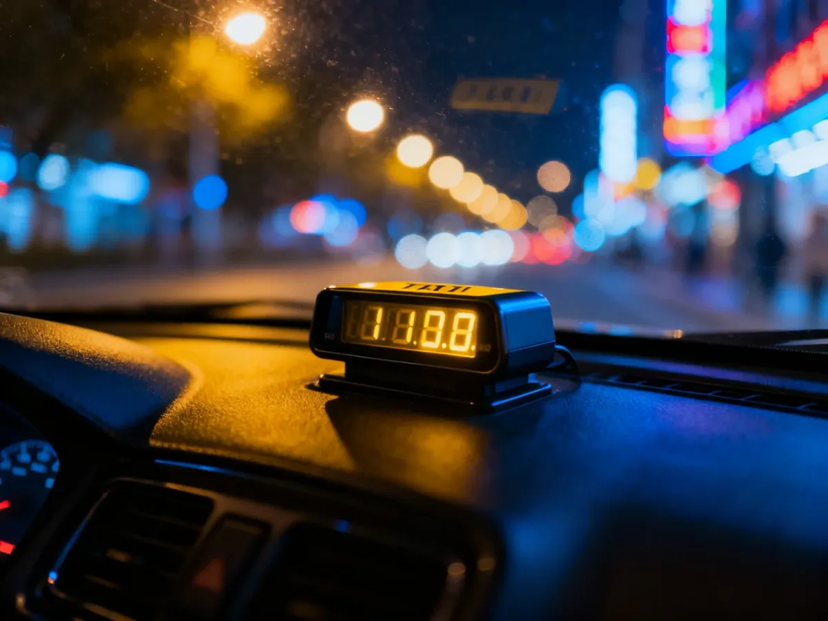 Podświetlony taksometr wewnątrz samochodu na tle rozmytych świateł nocnego miasta.