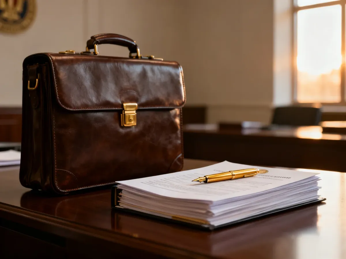 Eleganckie biurko urzędnika z teczką, dokumentami i piórem, symbolizujące profesjonalizm w administracji publicznej.