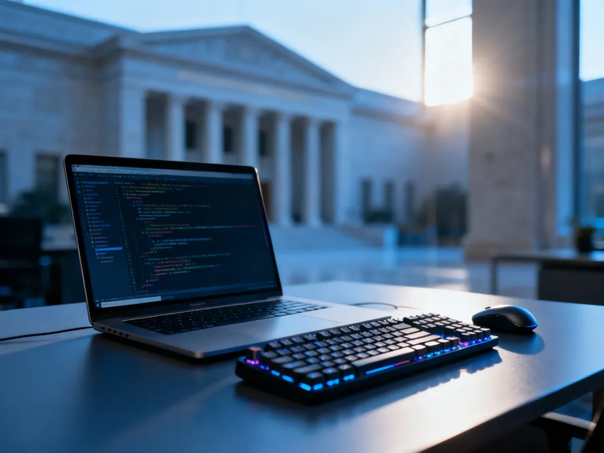 Stanowisko pracy informatyka z laptopem wyświetlającym kod, umieszczone na tle nowoczesnego budynku administracji.