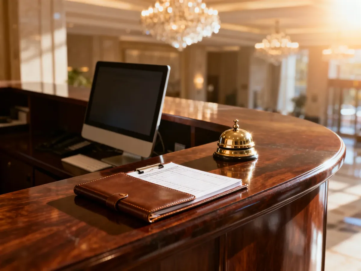 Profesjonalna recepcja hotelowa z komputerem, dzwonkiem i księgą gości w eleganckim, ciepło oświetlonym lobby.