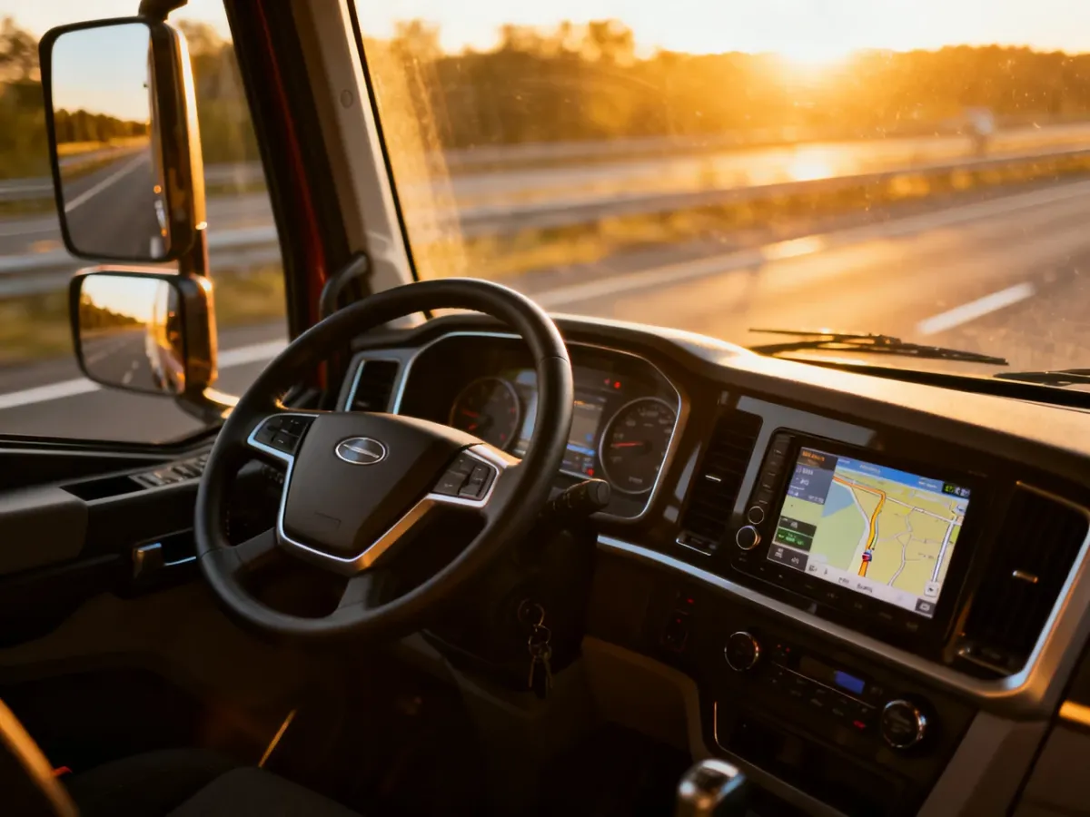 Nowoczesne wnętrze kabiny ciężarówki z widokiem na autostradę w promieniach zachodzącego słońca.