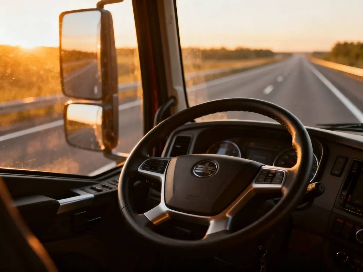 Widok z wnętrza kabiny ciężarówki na autostradę podczas zachodu słońca, symbolizujący pracę kierowcy w trasie.