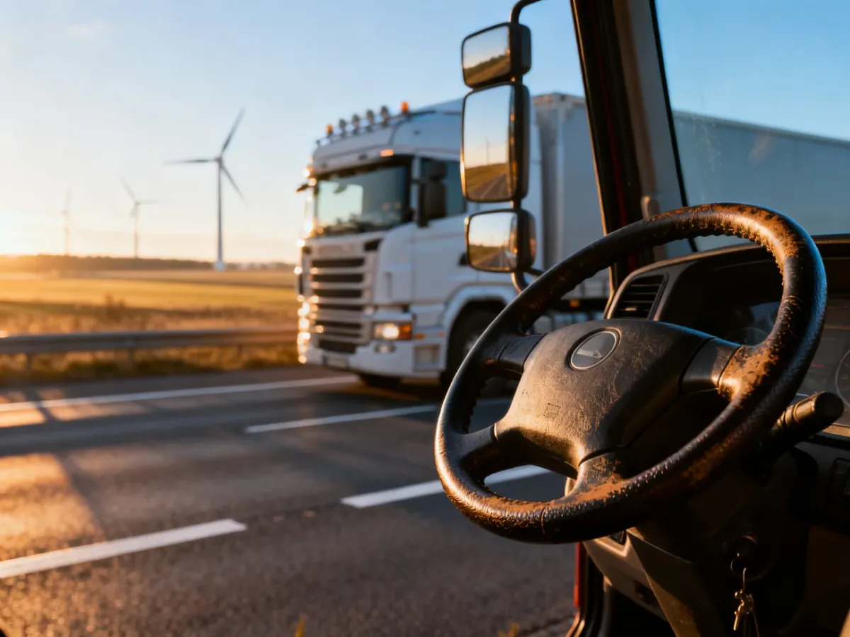 Nowoczesna ciężarówka na duńskiej autostradzie o wschodzie słońca, widok z perspektywy kierowcy na skandynawski krajobraz.
