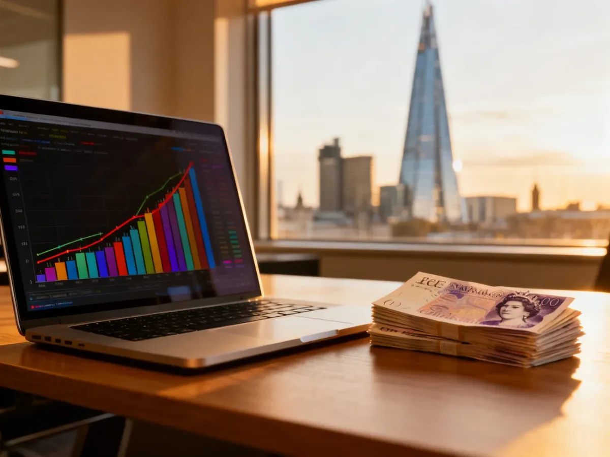 Laptop z wykresami finansowymi i brytyjskimi funtami na biurku z widokiem na panoramę Londynu.