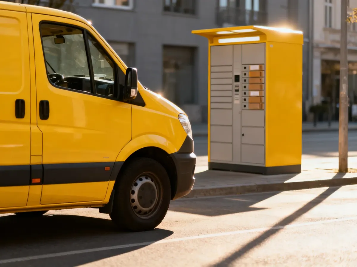 Żółty samochód dostawczy InPost zaparkowany obok paczkomatu na tle miejskiej architektury.