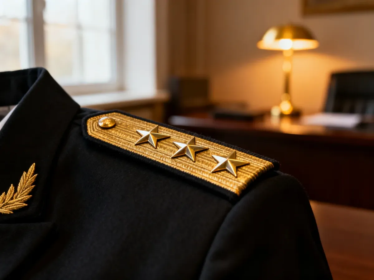 Złote gwiazdy generalskie na mundurze wojskowym, symbolizujące wysoki stopień oficerski i prestiż służby.
