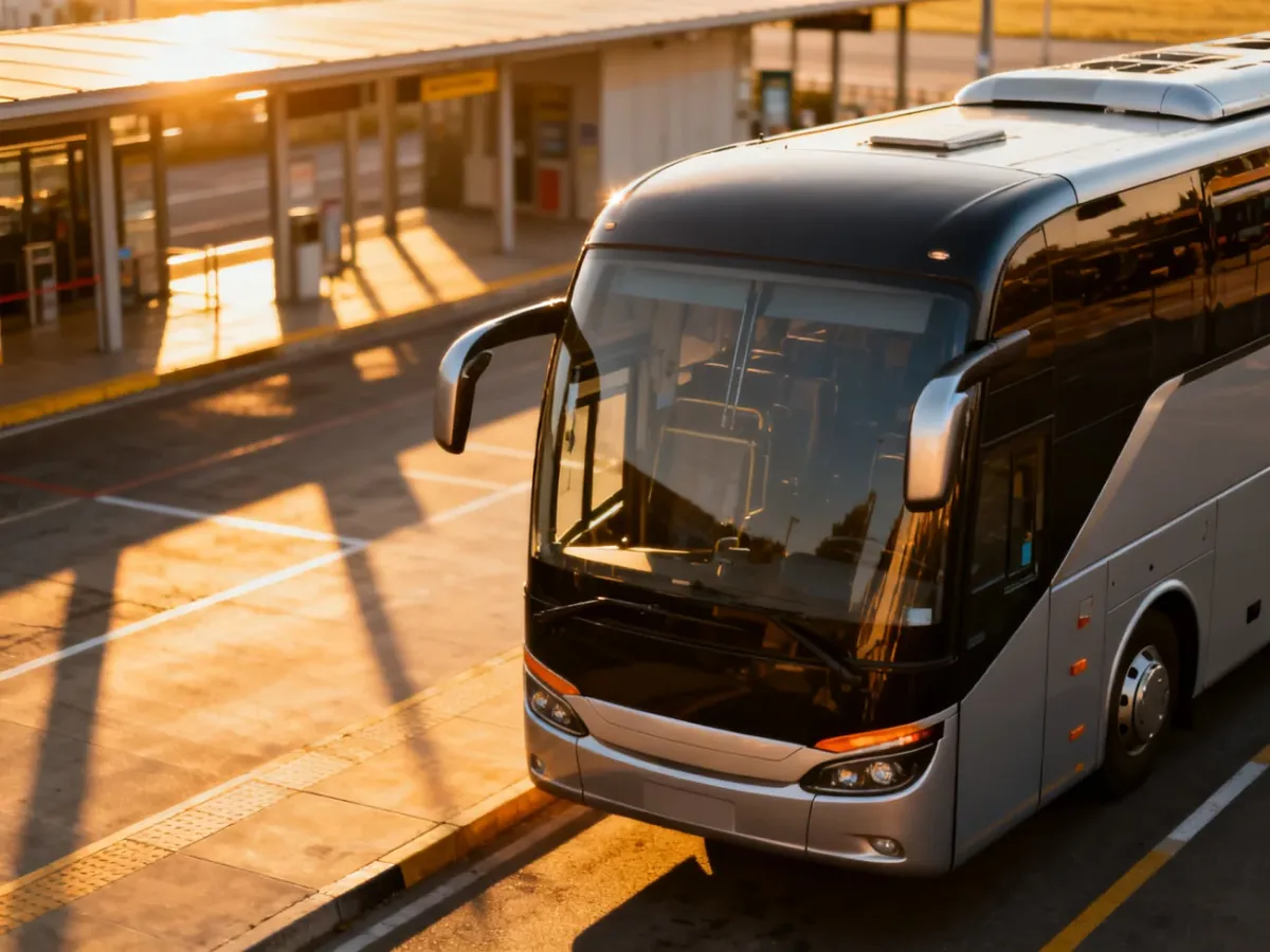 Nowoczesny autobus międzymiastowy zaparkowany na terminalu w świetle zachodzącego słońca.