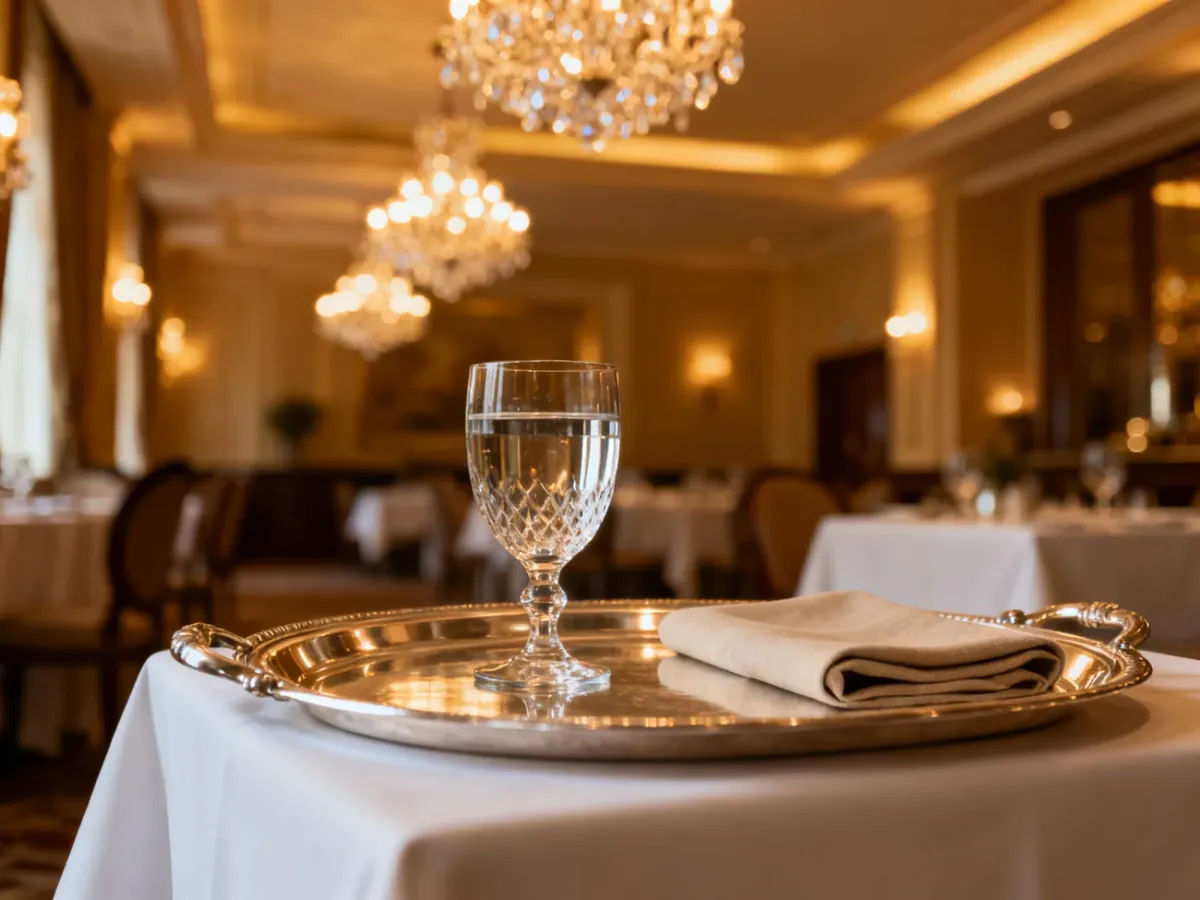 Elegancko nakryty stolik w luksusowej restauracji hotelowej z subtelnym oświetleniem w tle.